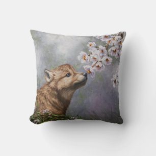 Valp för Varg av Cute Baby Grått och blommor Kudde