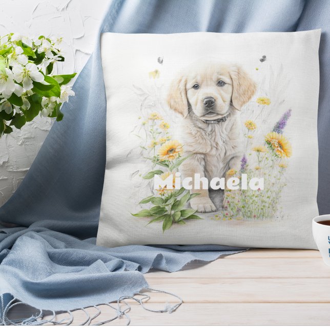 Valp för vattenfärgshämtning i personlig i blommor kudde (Skapare uppladdad)