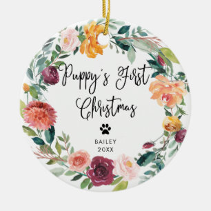 Valp första blom- kran och foto för jul   julgransprydnad keramik