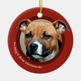 Valp första jul (amerikanen Staffordshire) Julgransprydnad Keramik