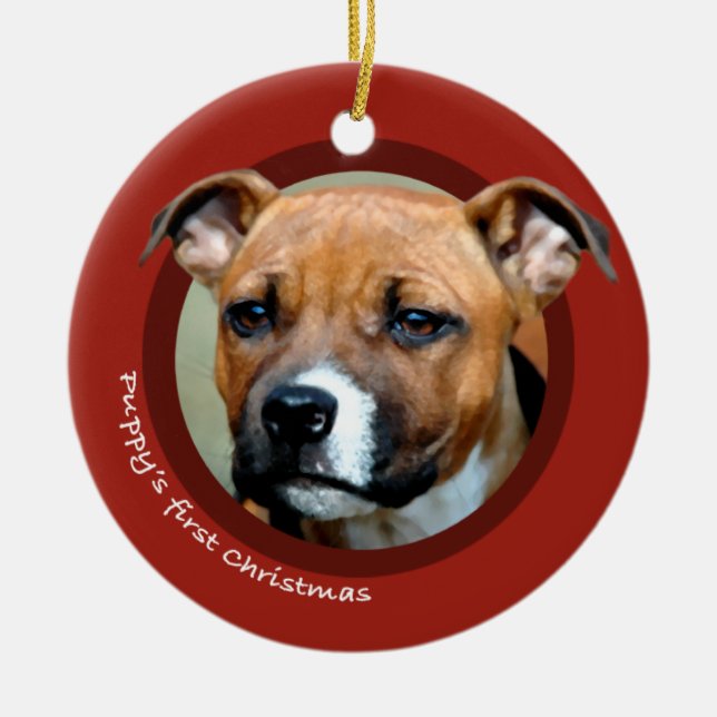 Valp första jul (amerikanen Staffordshire) Julgransprydnad Keramik (Framsidan)