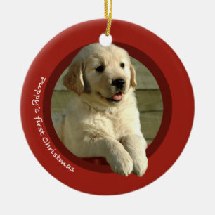 Valp första jul (den guld- retrieveren) julgransprydnad keramik
