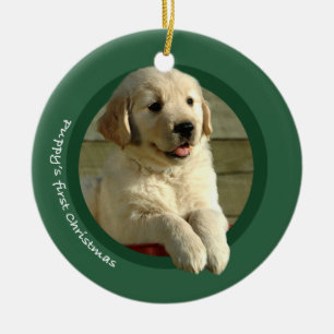 Valp första jul (den guld- retrieveren) julgransprydnad keramik