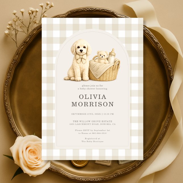 Valp Hund Neutral Beige Gingham Baby Shower Inbjudningar (Skapare uppladdad)
