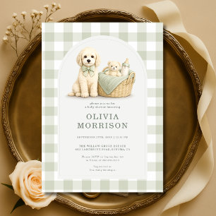 Valp Hund Sagegrön Gingham Babyfirande Inbjudningar