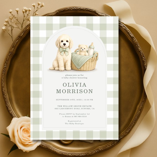 Valp Hund Sagegrön Gingham Babyfirande Inbjudningar (Skapare uppladdad)