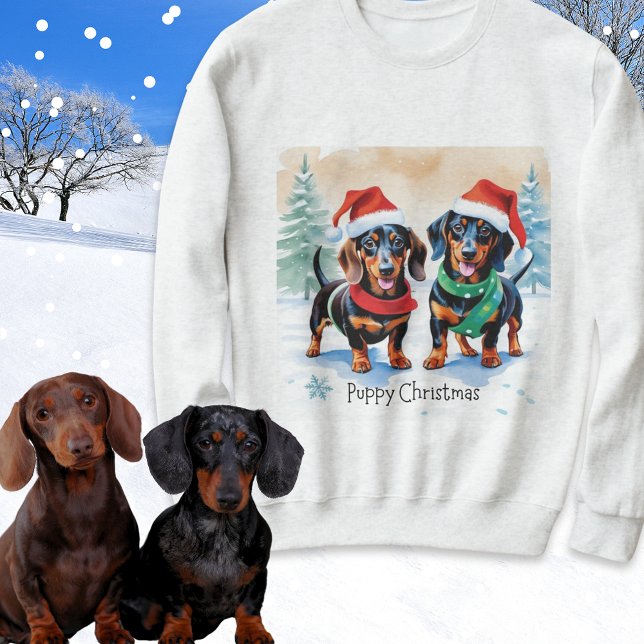Valp Jul Dachshund Sausage Dog Valpar T Shirt (A festive sweatshirt with picture of two cute dachshunds and caption 'Puppy Christmas')