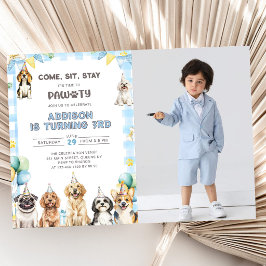 Valp kallar alla Pawty-djur 3-års födelsedagsfoto Inbjudningar