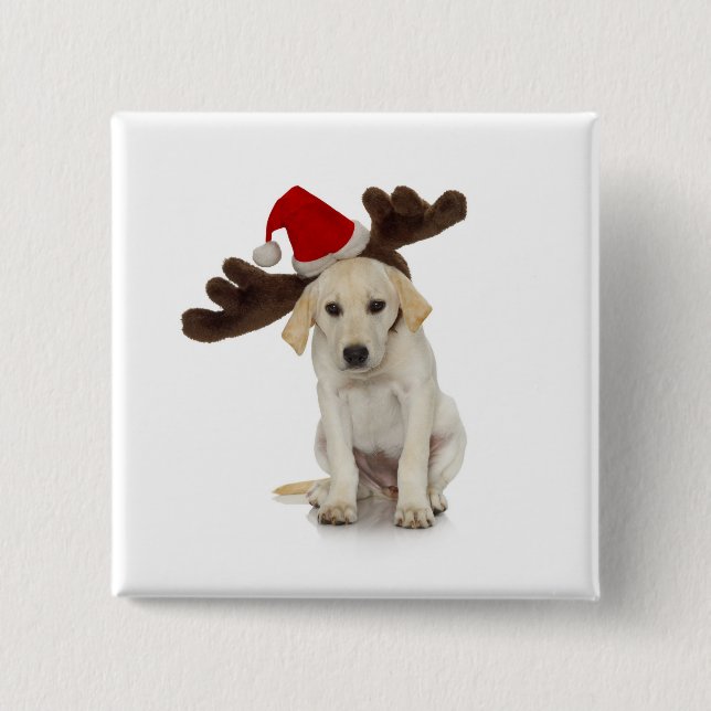 Valp med Santa hatt- och renöron Knapp (Framsida)