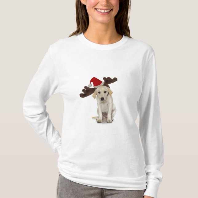 Valp med Santa hatt- och renöron T-shirt (Framsida)