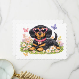 Valp med solglasögon och fjärilar på blommor tack kort