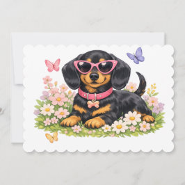 Valp med solglasögon och fjärilar på blommor tack kort