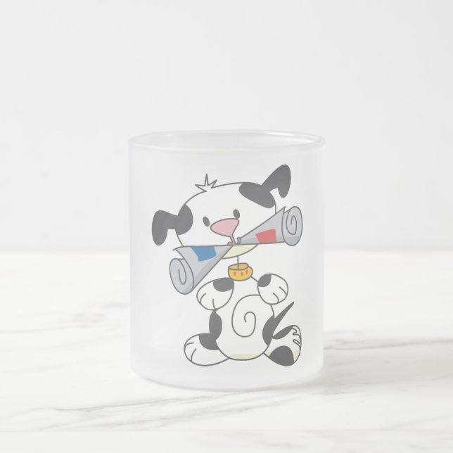 Valp med tidningsT-tröja och gåvor Frostad Glasmugg (Center)