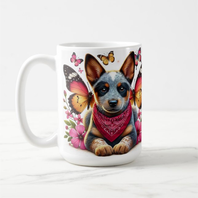 Valp omgiven av fjärilar och blommor kaffemugg (Vänster)