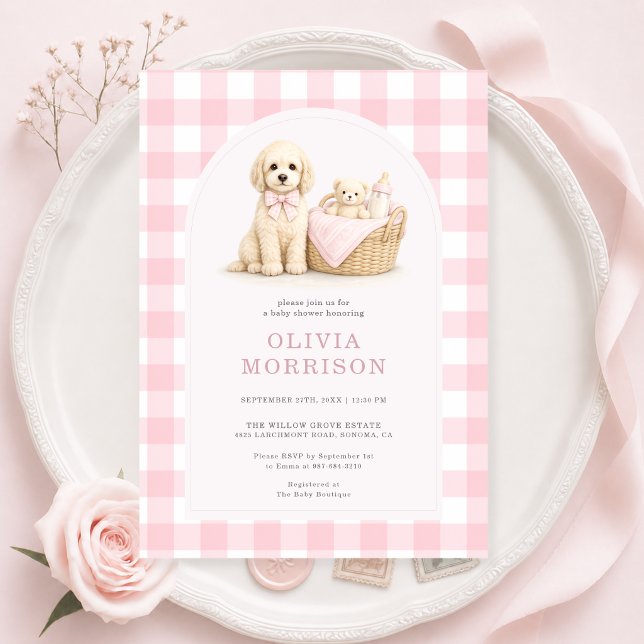 Valp Rosa Rutiga Flickebarn Baby Shower Inbjudan (Skapare uppladdad)