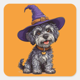 Valp som bär lila trollkarlshatt Halloween-konst Fyrkantigt Klistermärke