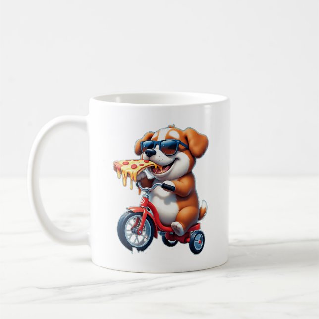 valp som cyklar och äter pizza kaffemugg (Vänster)