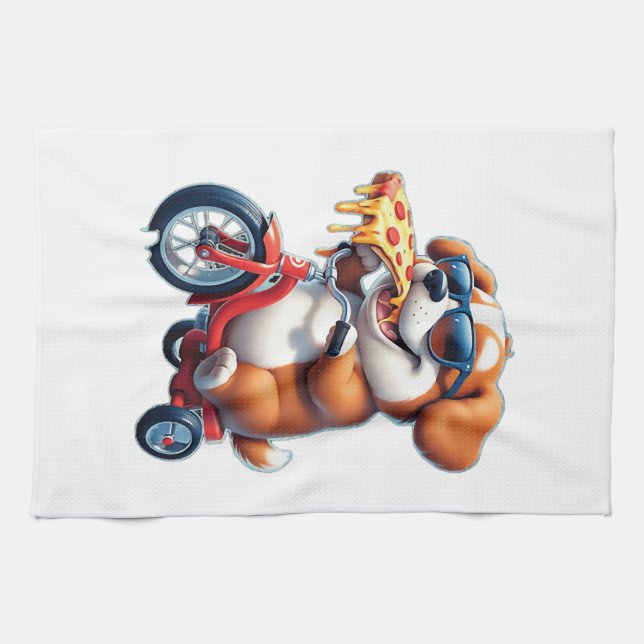valp som cyklar och äter pizza kökshandduk (Horisontell)