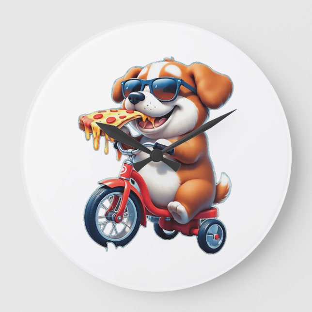 valp som cyklar och äter pizza stor klocka (Framsida)