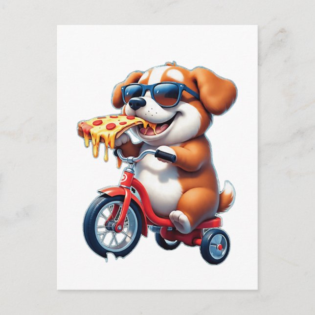valp som cyklar och äter pizza vykort (Framsida)