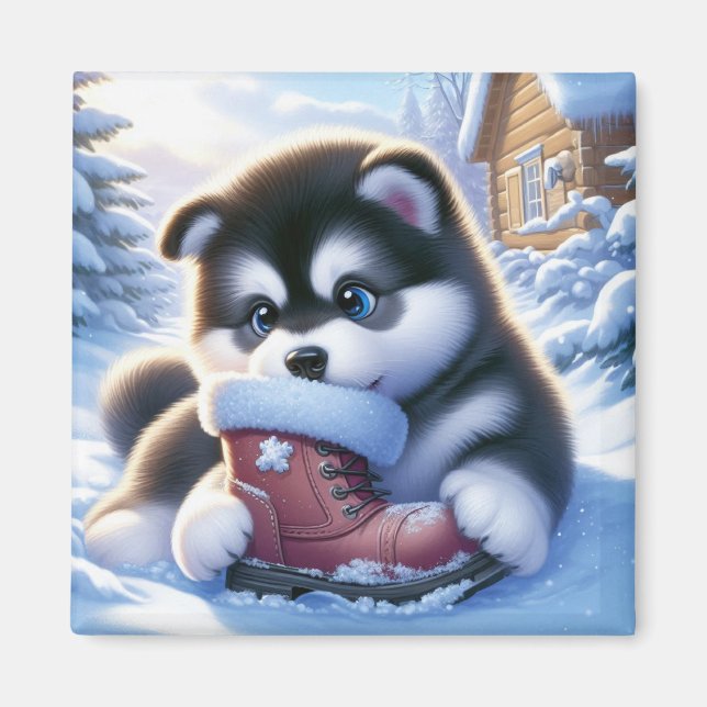 Valp som leker med en snötäckt vinterstövel  magnet (Framsidan)