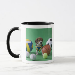 Valp som omges av sportbollar mugg