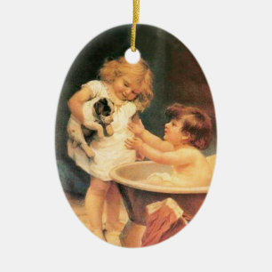 Valp som tar ett bad Vintage Antik Julgransprydnad Keramik