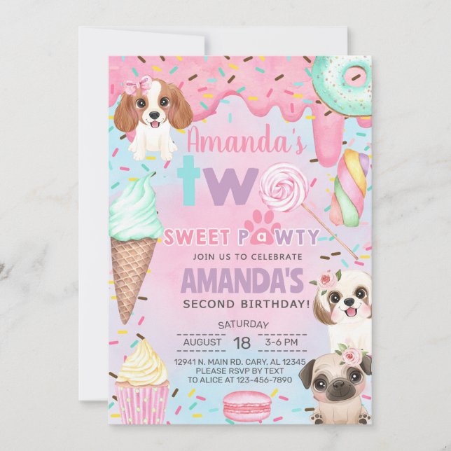 Valpar Sweet Pawty flicka andra, 2-års födelsedag. Inbjudningar (Framsida)