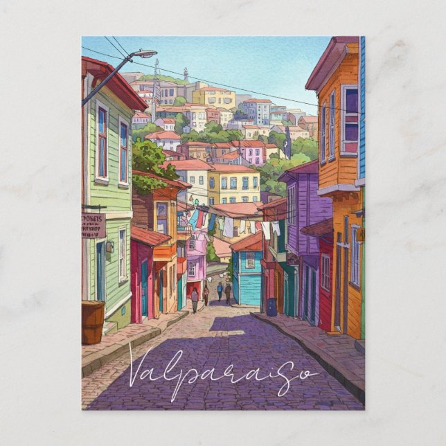 Valparaiso Chile Postcard Watercolor Vykort (Framsida)