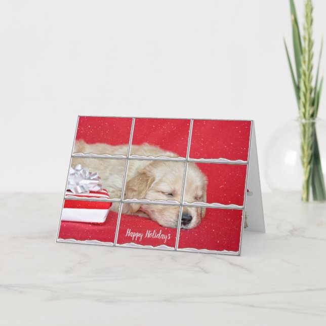 Valpen Golden Retriever i snöfönster Helgkort (Framsida)