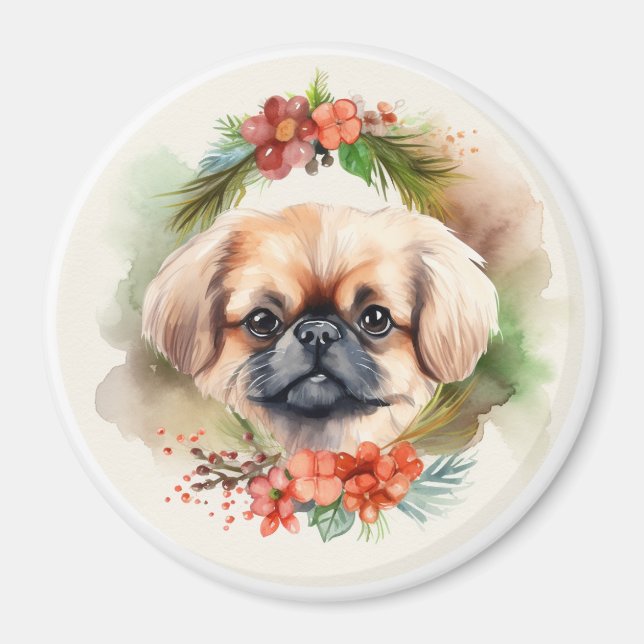 Valpen Pekingese God Jul Magnet (Framsidan)