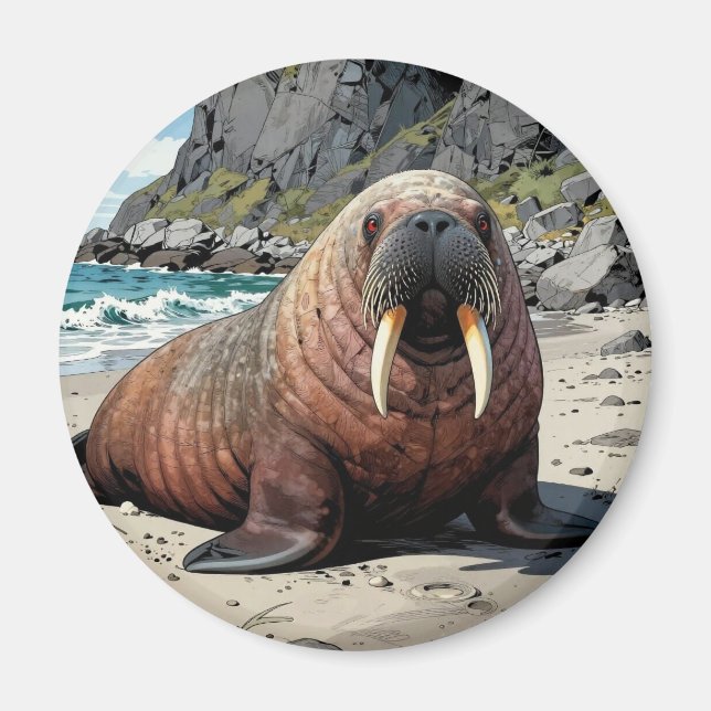 Valross på en sandstrand  | Söta djur Magnet (Framsidan)