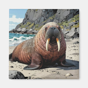 Valross på en sandstrand Söta djur Magnet