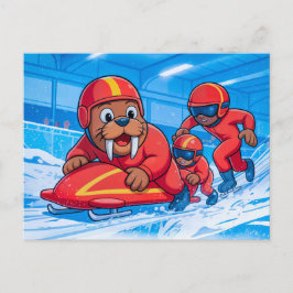 Valross som startar en bobsleighkörning på en snöi vykort