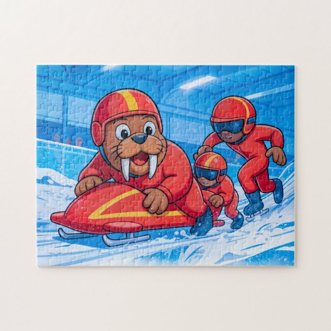 Valross startar en bobsleighkörning på en snöig ba pussel (Horisontell)