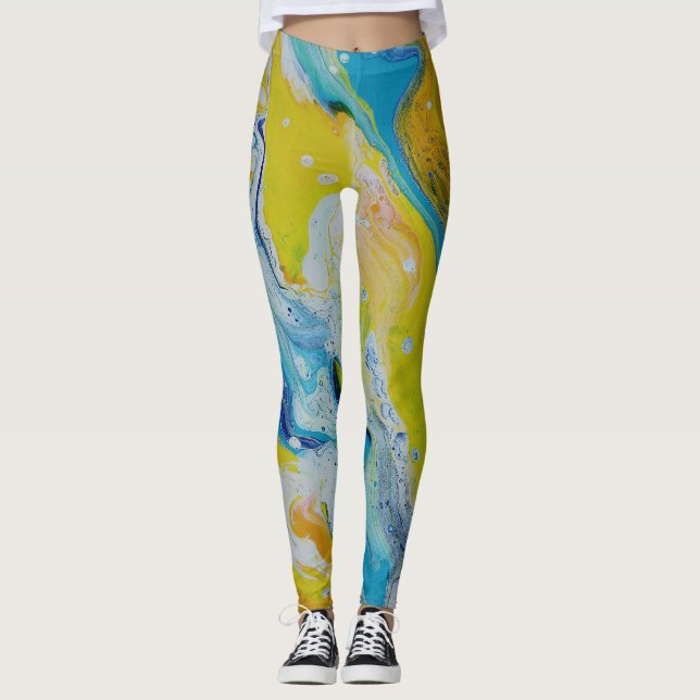 Valsa över 3 flytande gula blåa abstrakta Leggings (Framsida)