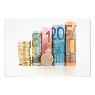 Valsade eurosedlar och euromynt fototryck