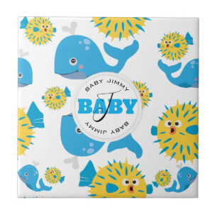 Valsfiskar och vitfiskar Tecknad Baby Monogram Mö Kakelplatta