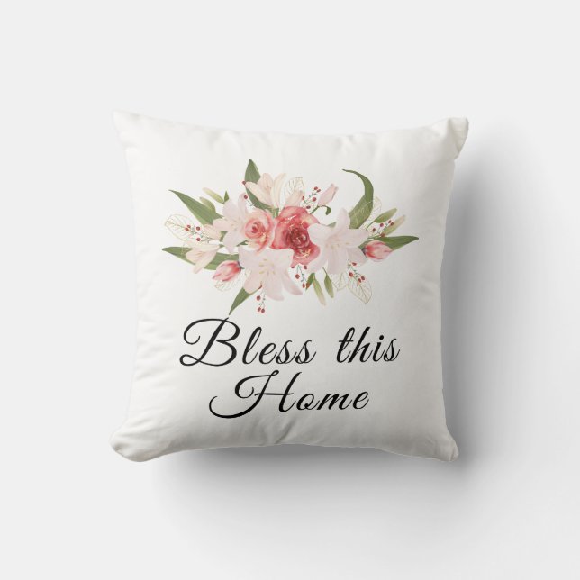 Välsigna detta hem Vattenfärg Blommig Design  Kudde (Framsida)
