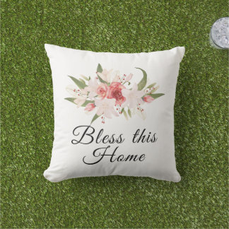 Välsigna detta hem Vattenfärg Blommig design Utomh Kudde