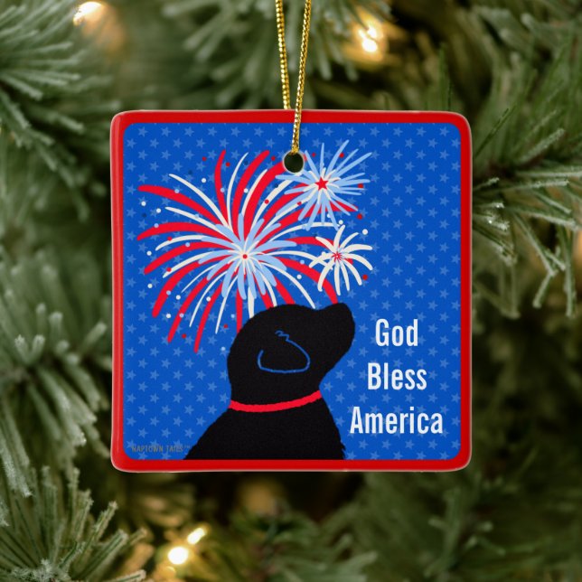 Välsigna dig America Black Hund Fireworks Ornament (Träd)
