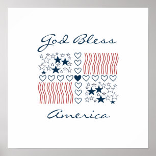 Välsigna dig Amerika Patriotic Stars Rand Hearts Poster