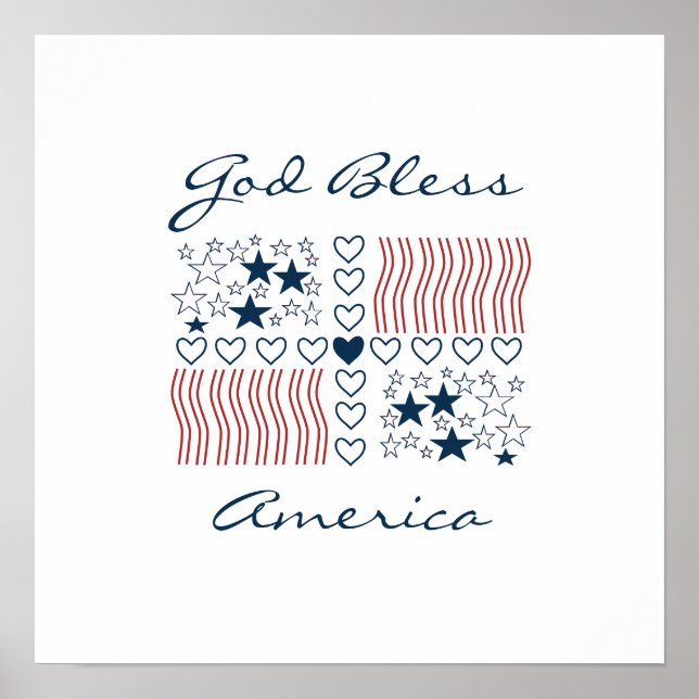 Välsigna dig Amerika Patriotic Stars Rand Hearts Poster (Framsidan)