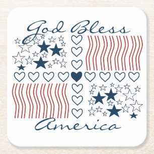 Välsigna dig Amerika Patriotic Stars Rand Hearts Underlägg Papper Kvadrat