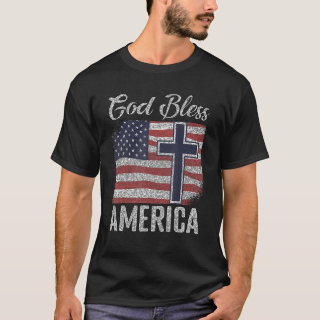 Välsigna dig Amerika Patriotic USA flagga T Shirt (Framsida)