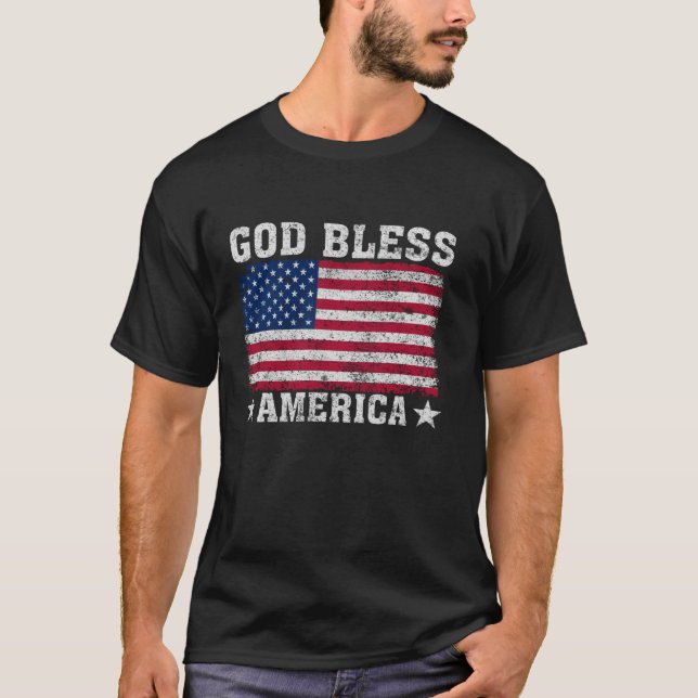 Välsigna dig Amerikanska Flagga Patriotic American T Shirt (Framsida)