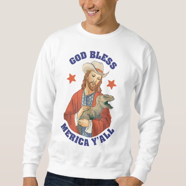 Välsigna dig Merica Y'all Jesus Dinosaur Cowboy Ha Lång Ärmad Tröja (Framsida)