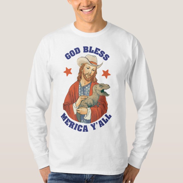 Välsigna dig Merica Y'all Jesus Dinosaur Cowboy Ha T Shirt (Framsida)