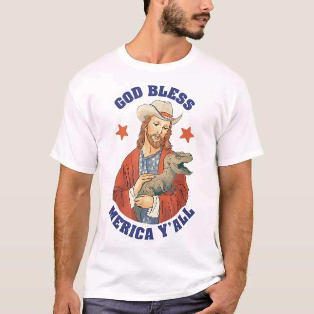 Välsigna dig Merica Y'all Jesus Dinosaur Cowboy Ha T Shirt (Framsida)