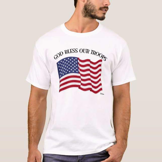 Välsigna dig våra trupper med USA flagga Tee Shirt (Framsida)